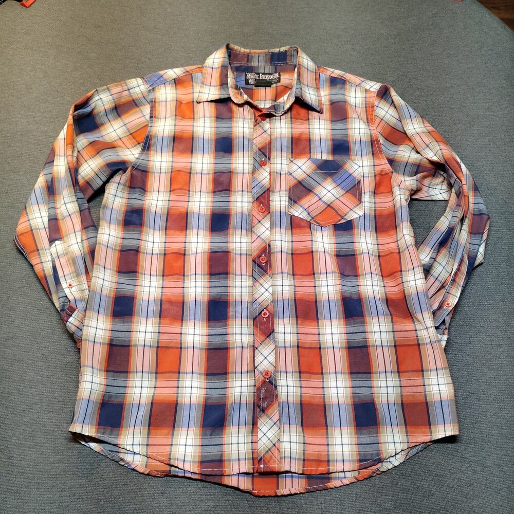 Blac Lacquer Men's Orange and Navy Blue Plaid Short Sleeve Button Down Size L